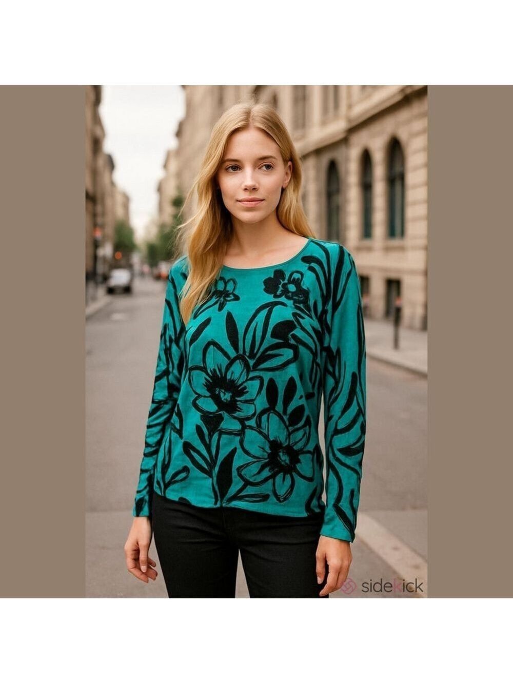 Cache Teal Black Floral Long Sleeve Top Oversized Medium